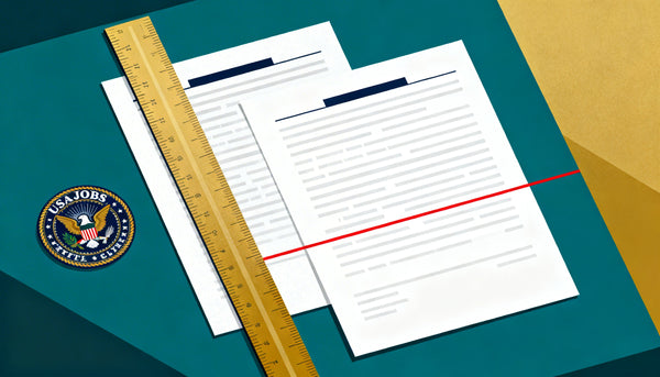 Two-page federal resume with USAJOBS seal and ruler showing strict 2-page limit under the Merit Hiring Plan