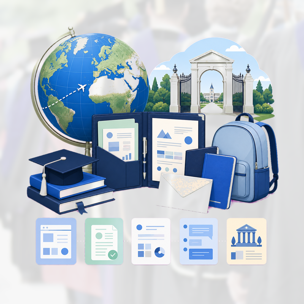 International application route connects a globe, academic portfolio, travel document shapes, recommendation envelope, and campus destination.