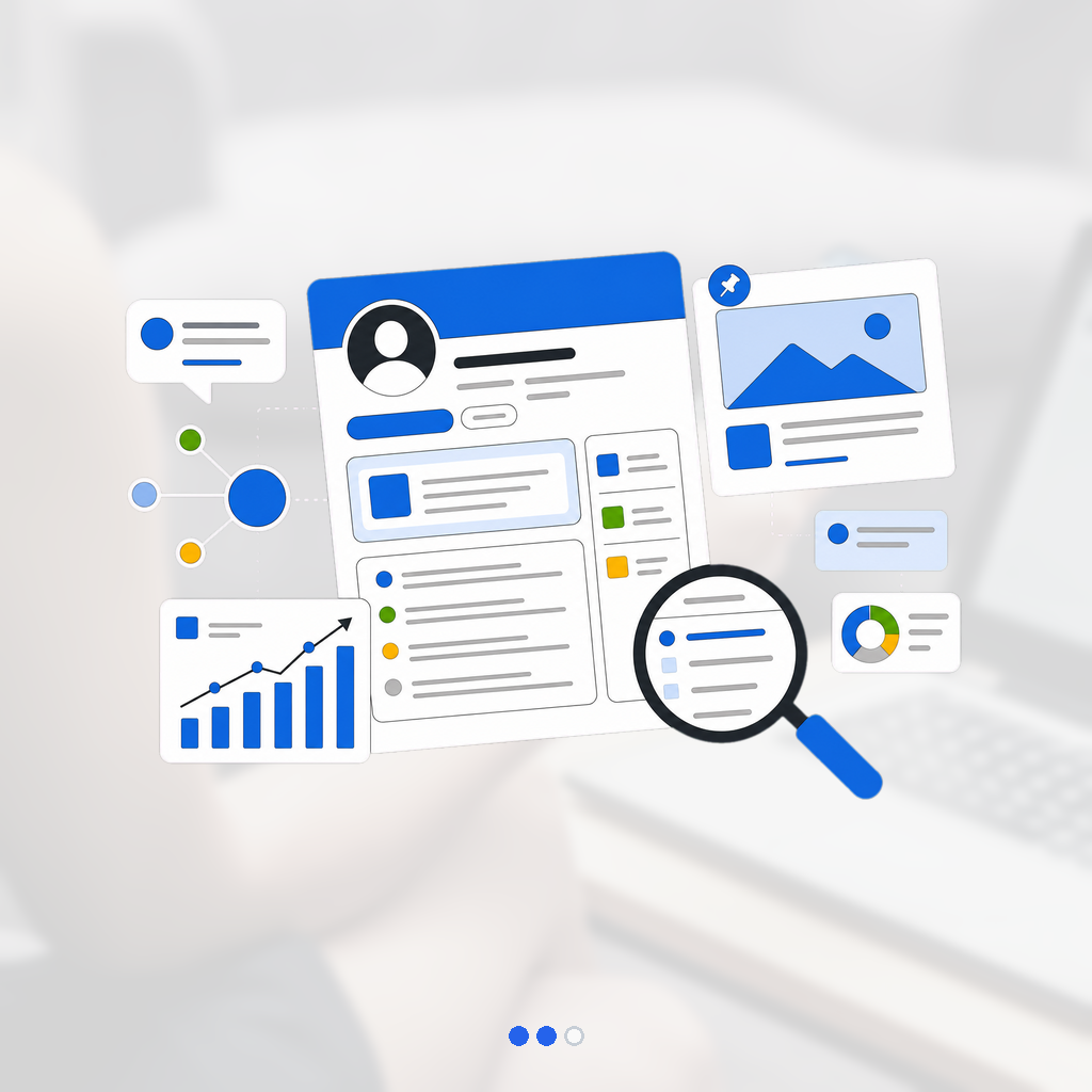 Profile phone becomes an active authority hub with pinned portfolio cards, connected expertise nodes, analytics chart, and conversation bubble.