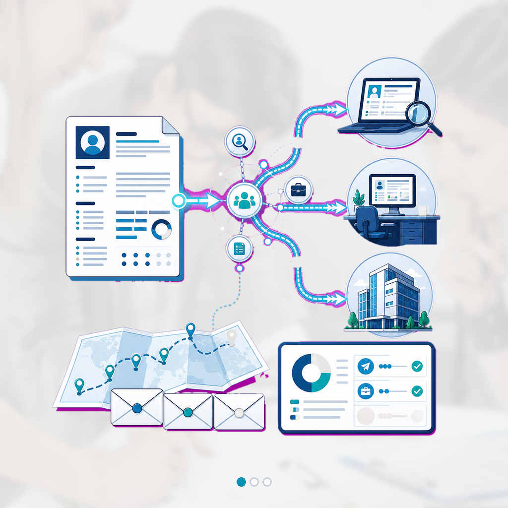 One finished resume moves through a branching professional network to recruiter, hiring-manager, and company destination nodes with a transparency report card.