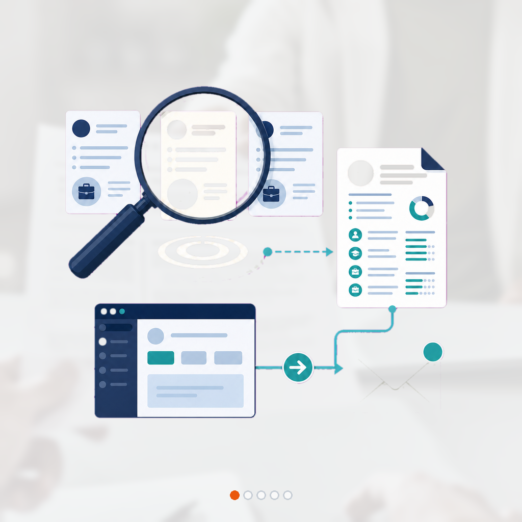 Search lens moves across a small set of role cards to one tailored resume and one clean submission route.