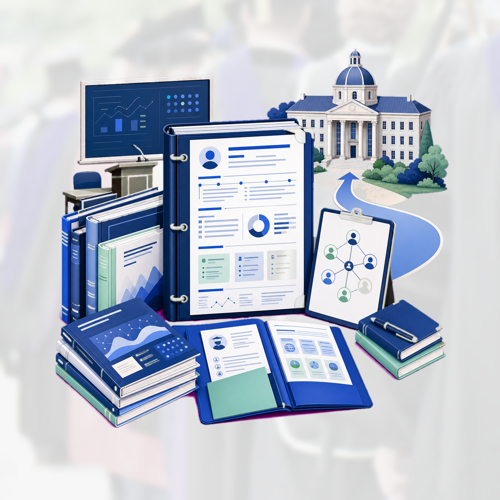 Faculty dossier combines a long-form CV, publication stack, teaching portfolio, committee service, and academic appointment pathway.