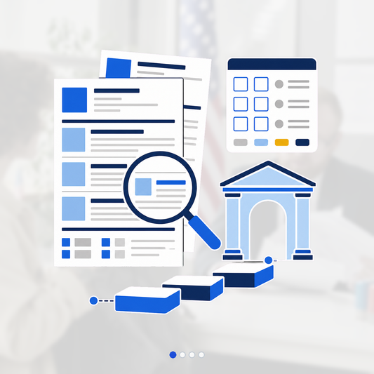 Entry federal application desk with a structured two-page dossier, eligibility checklist shapes, qualification lens, and a small first-step pathway.