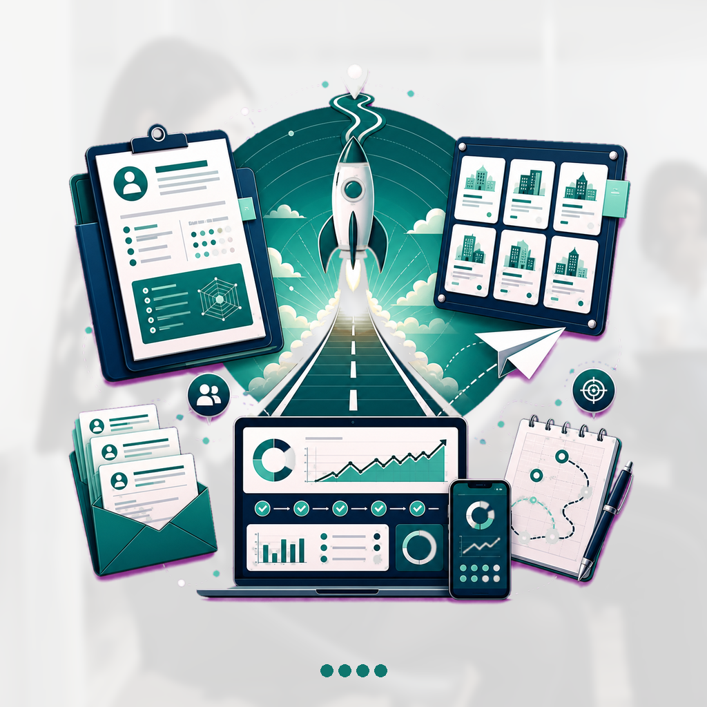 Career launch command board connecting resume, networking messages, target list, outreach plane, and progress dashboard around a central launch path.