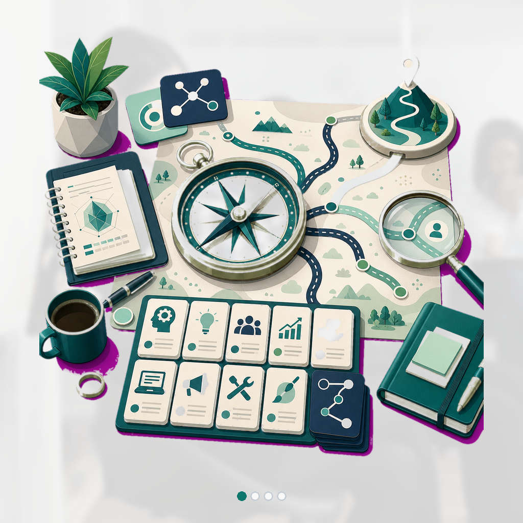 Career diagnostic table with a detailed compass, branching role paths, skills inventory cards, and a chosen destination marker.