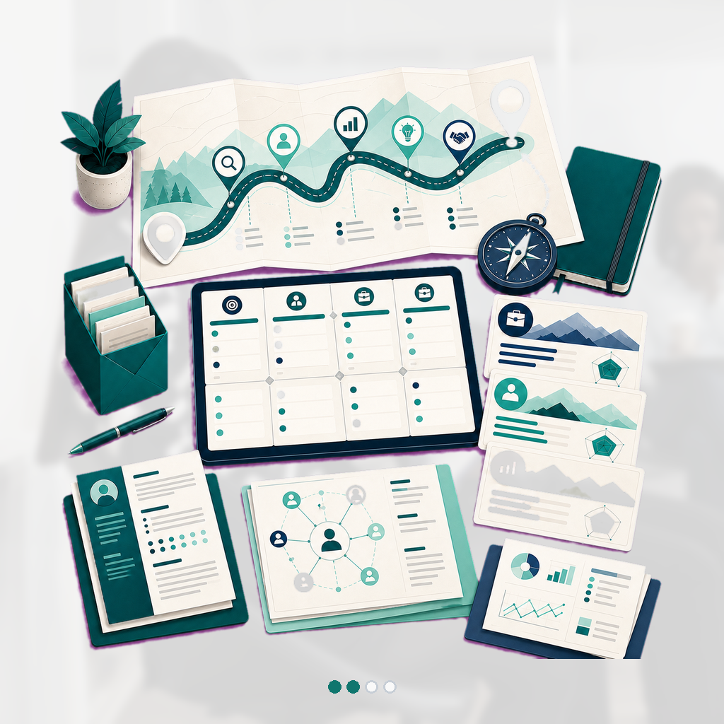 Structured route map with milestones, coaching calendar blocks, target-role cards, and a working document portfolio.