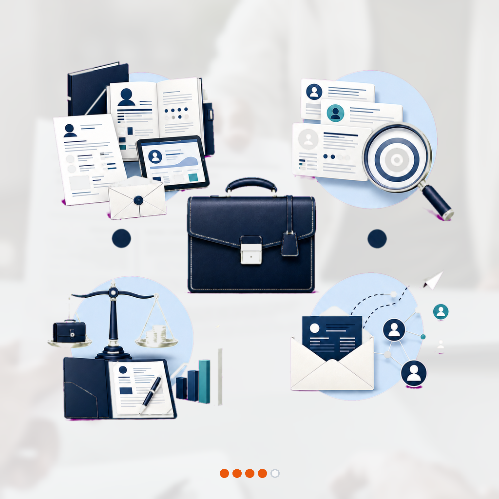 Four-stage executive campaign connects document portfolio, precise role targeting, direct outreach, and negotiation around an executive briefcase.
