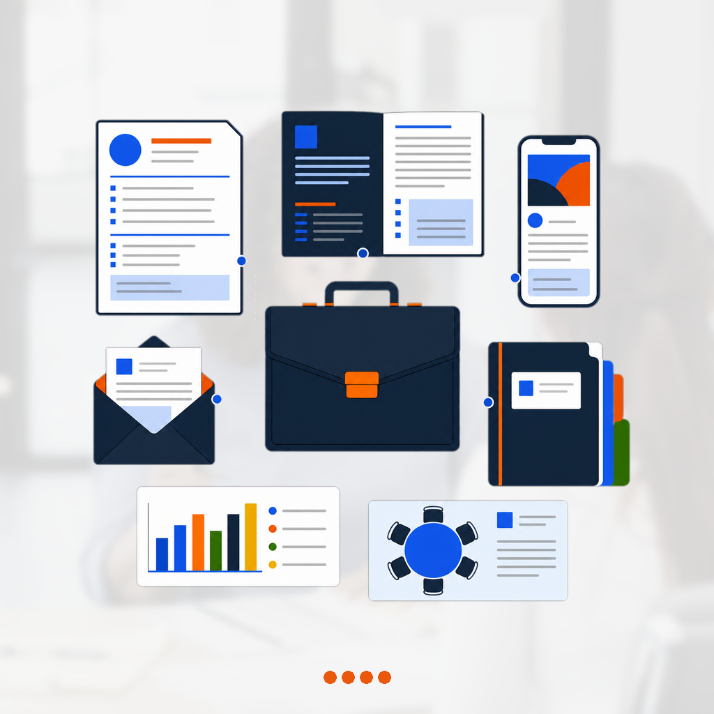 Executive document set with resume, board biography, professional profile phone, tailored letter, strategic briefcase, and enterprise value chart.