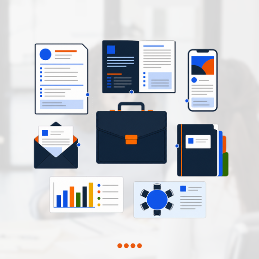 Executive document set with resume, board biography, professional profile phone, tailored letter, strategic briefcase, and enterprise value chart.