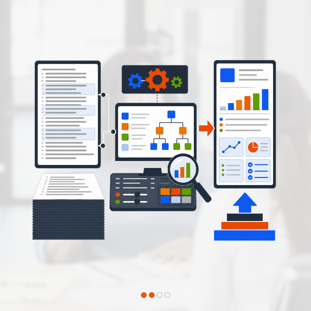 A duty-heavy resume is rebuilt into an impact portfolio using metric charts, project gears, and a promotion arrow.