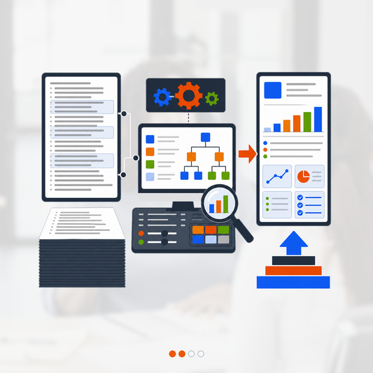 A duty-heavy resume is rebuilt into an impact portfolio using metric charts, project gears, and a promotion arrow.