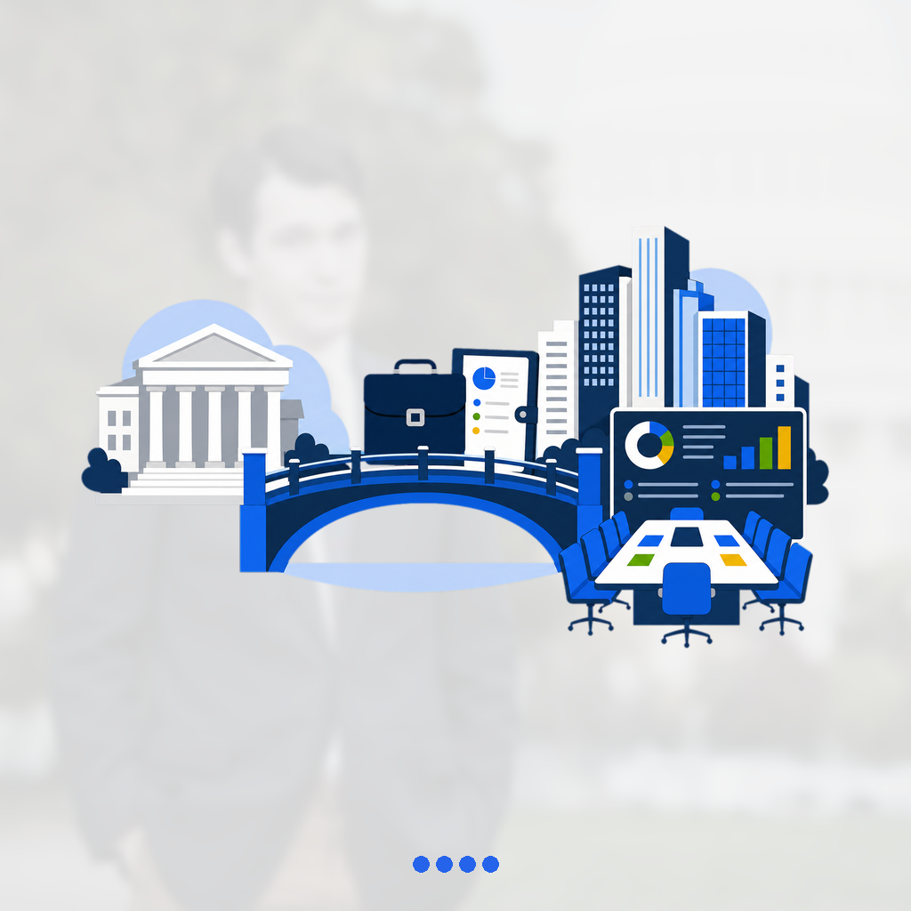 Executive transition bridge from a neutral government-building silhouette to a corporate skyline, board portfolio, and leadership briefcase.