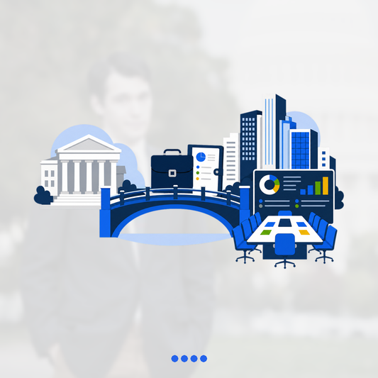 Executive transition bridge from a neutral government-building silhouette to a corporate skyline, board portfolio, and leadership briefcase.
