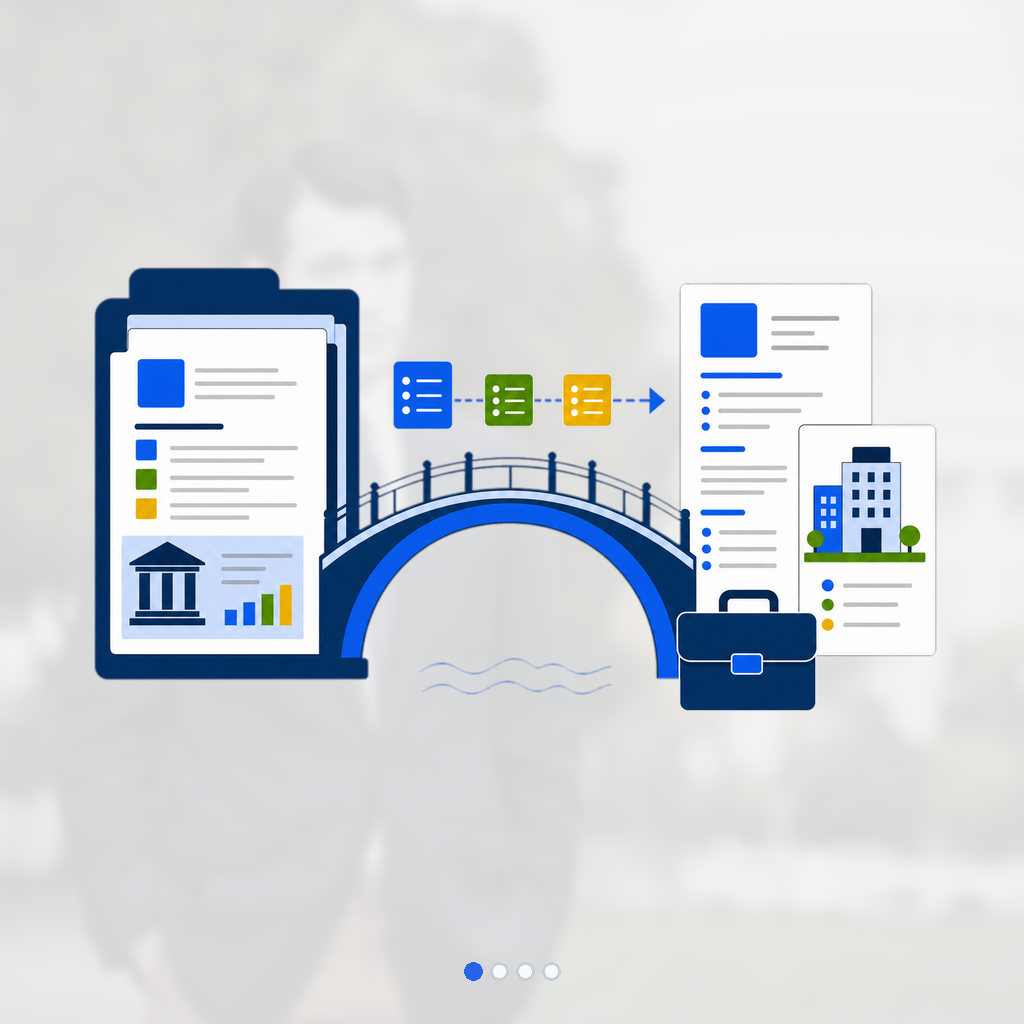 Formal federal dossier crosses a clean blue bridge into a modern civilian resume and corporate role card.