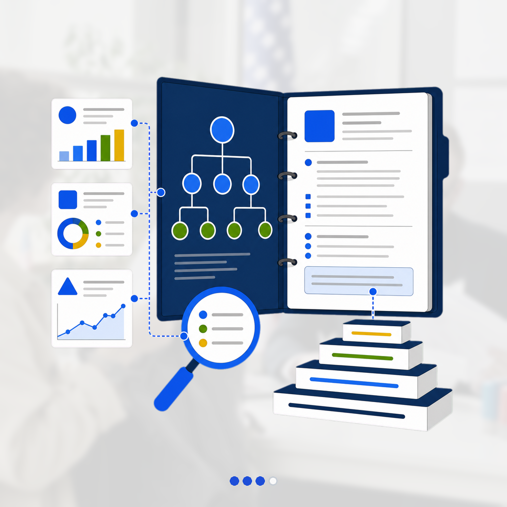 Senior federal leadership dossier with a resume, supervisory organization map, achievement evidence cards, and ascending responsibility markers.