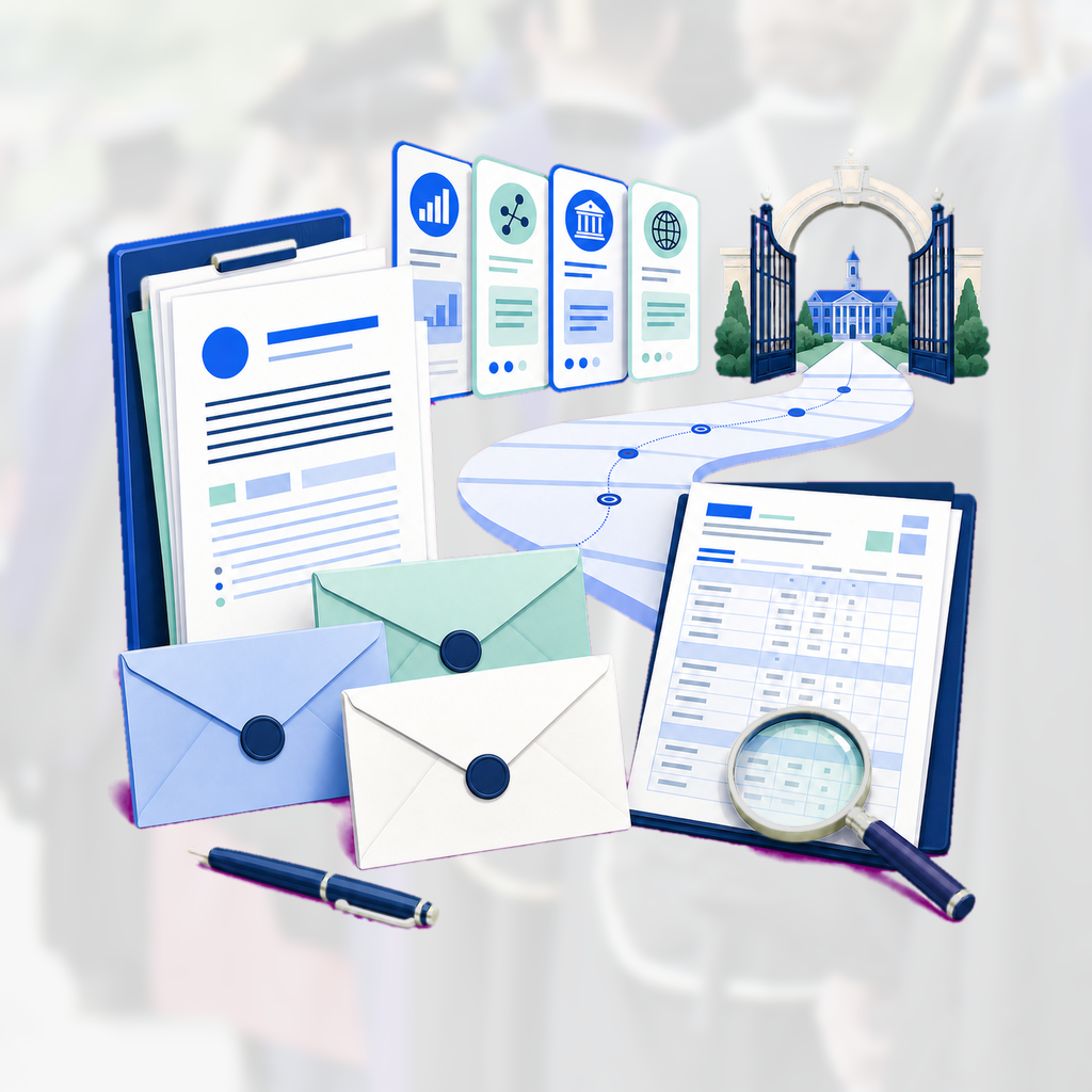 Graduate admissions portfolio combines statement pages, recommendation envelopes, transcript grid, program target cards, and a campus gateway.