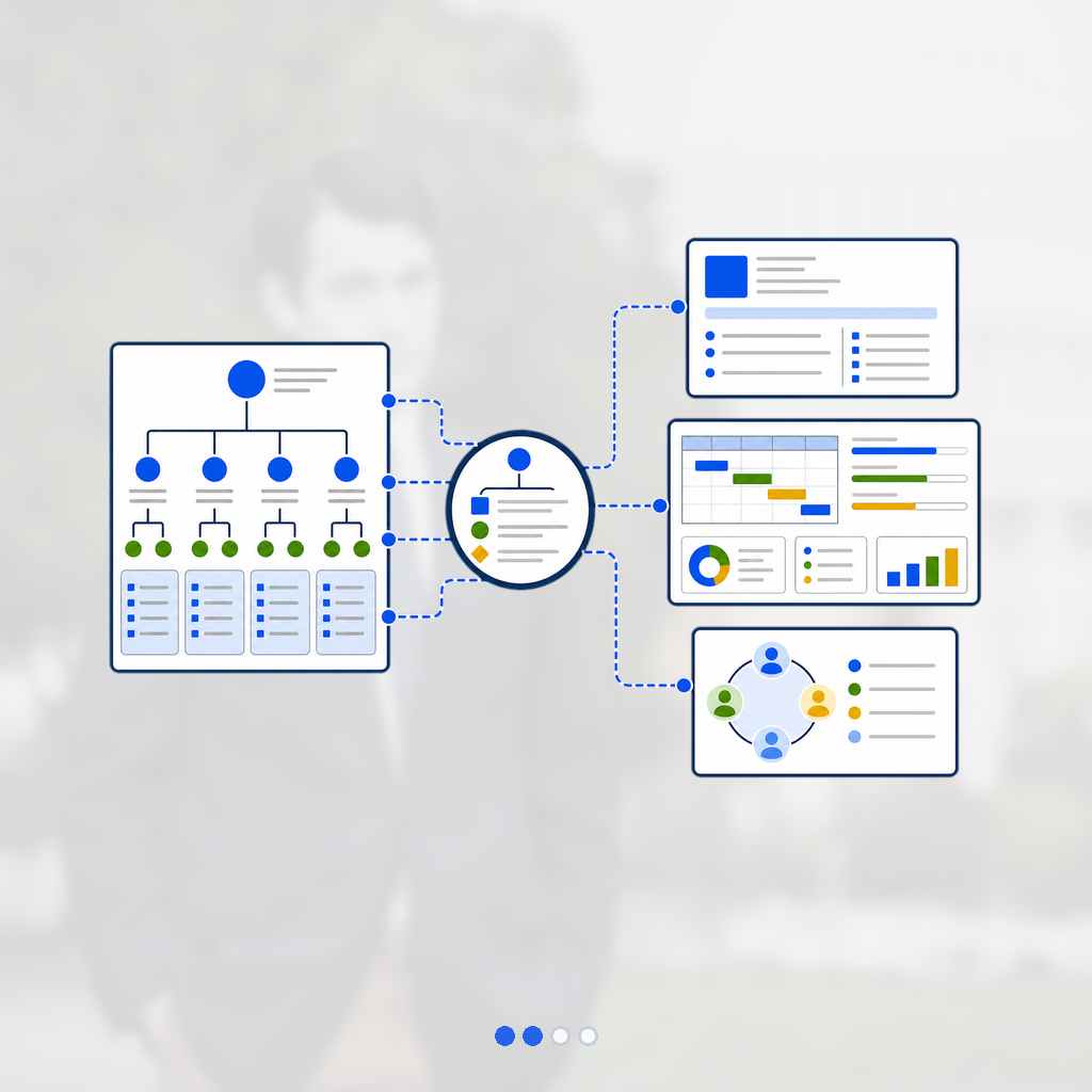 Government supervisory hierarchy transforms into a civilian team-leadership dashboard with a translated resume at center.