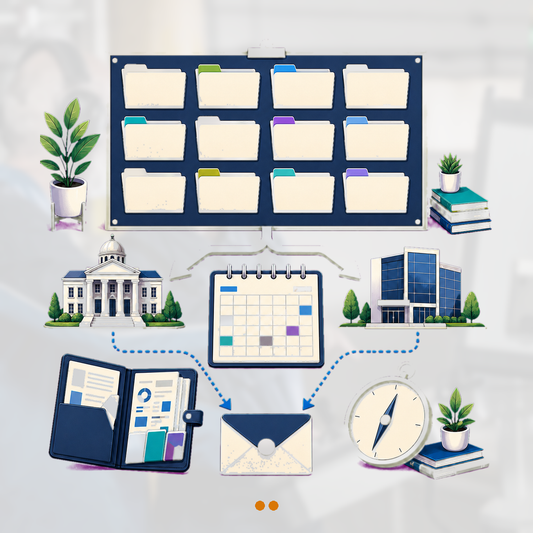 Expanded internship campaign board with twelve blank program folders, federal and private route branches, application calendar grid, tailored portfolio, and mentor guidance symbols.