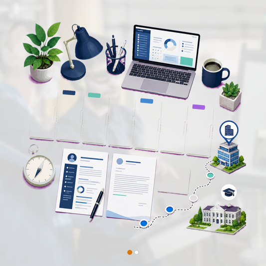 Curated internship application desk with seven distinct blank program folders, eligibility compass, tailored document set, recommendation envelope, and submission path.