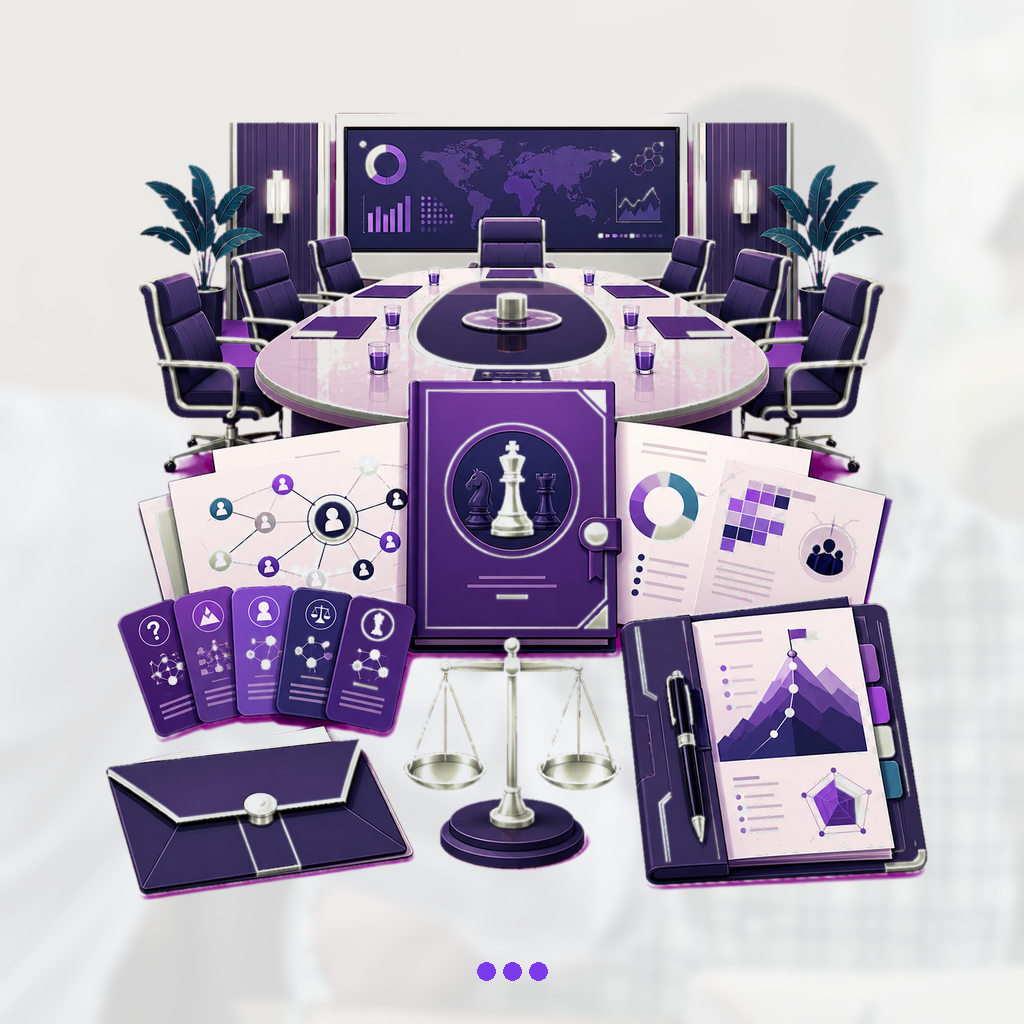 Executive board interview setting with leadership case dossier, stakeholder map, difficult-question carousel, negotiation scale, and final briefing folder.