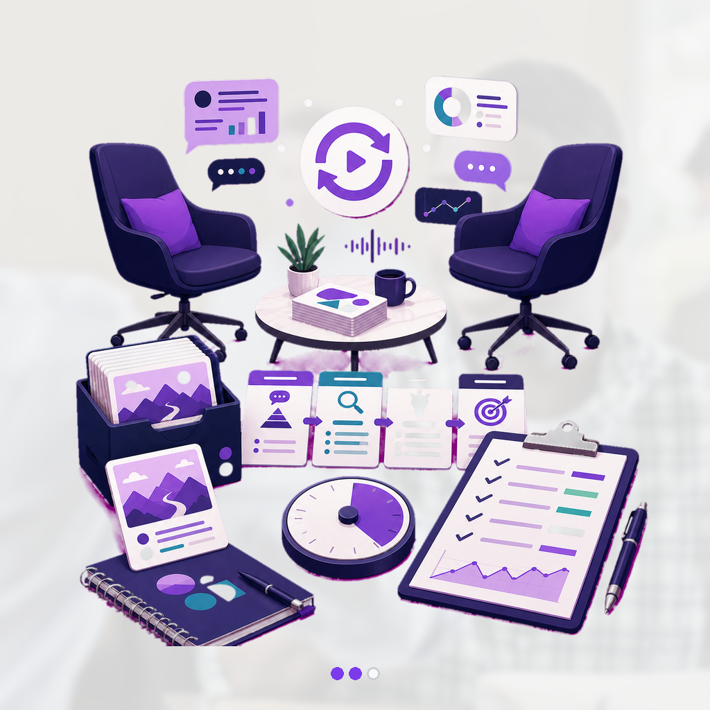 Full mock-interview setup with two facing chairs, scenario deck, response framework cards, timing disc, and detailed feedback checklist.