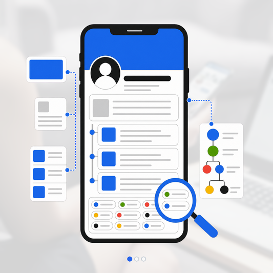 Single polished profile phone with a blank banner, portrait placeholder, headline bars, about card, experience stack, and skills cluster under a search lens.