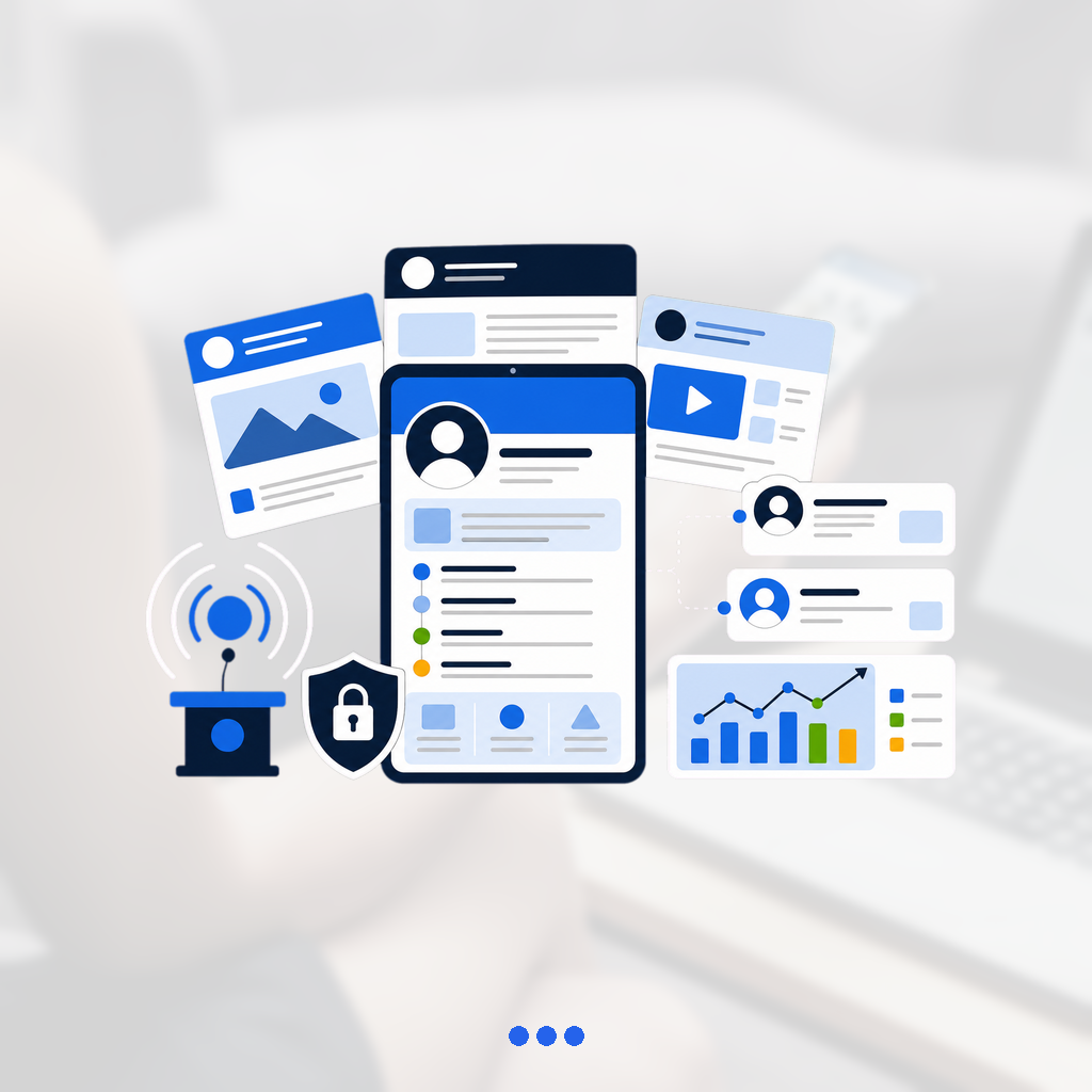 Executive digital estate with a profile phone, three banner cards, thought-leadership broadcast symbol, discreet privacy shield, recruiter messages, and performance dashboard.