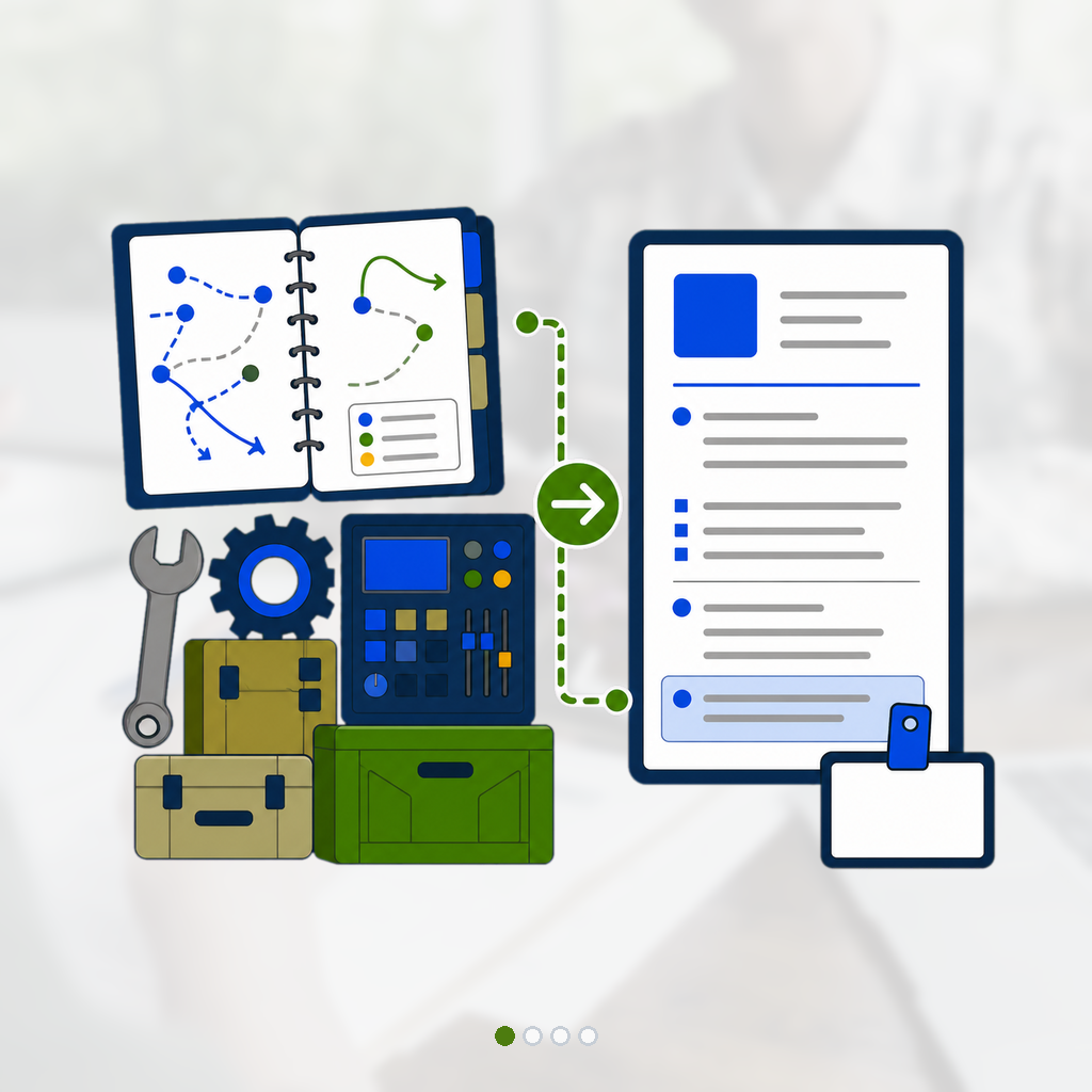 Service experience notebook and technical gear translate along a green path into a first civilian resume and work badge shape.