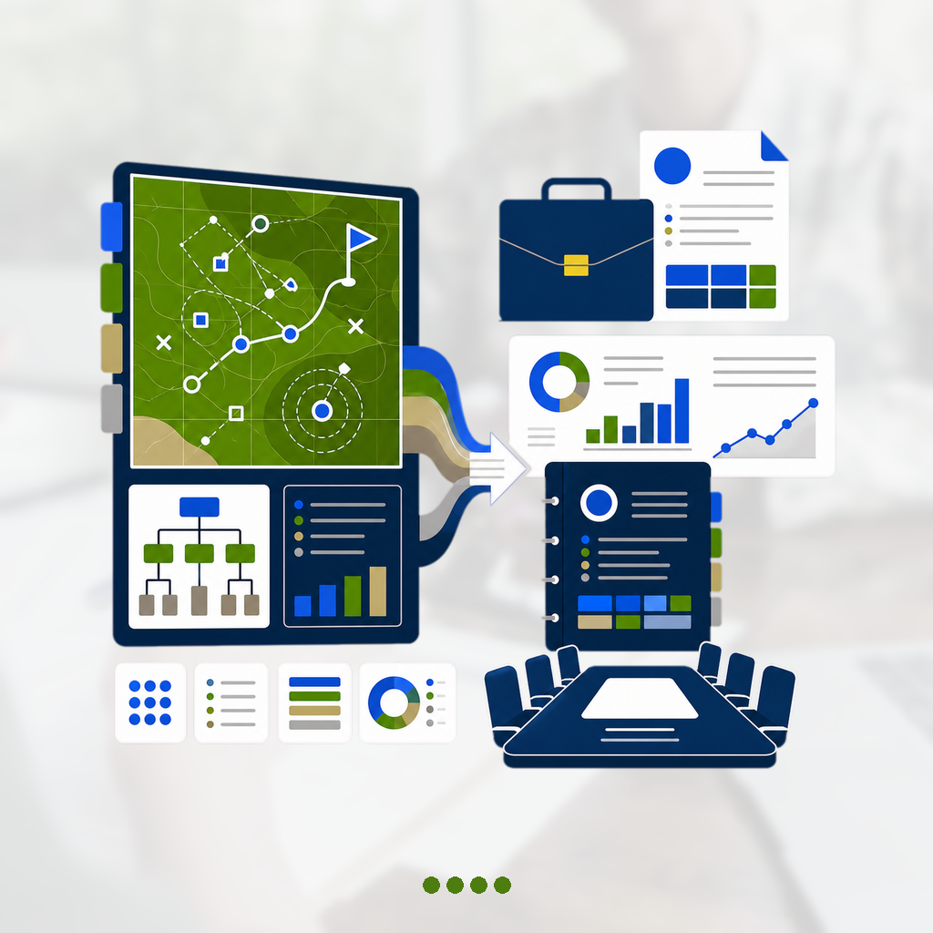 Senior command map transforms into an executive board portfolio with a strategic briefcase, enterprise chart, and leadership dossier.