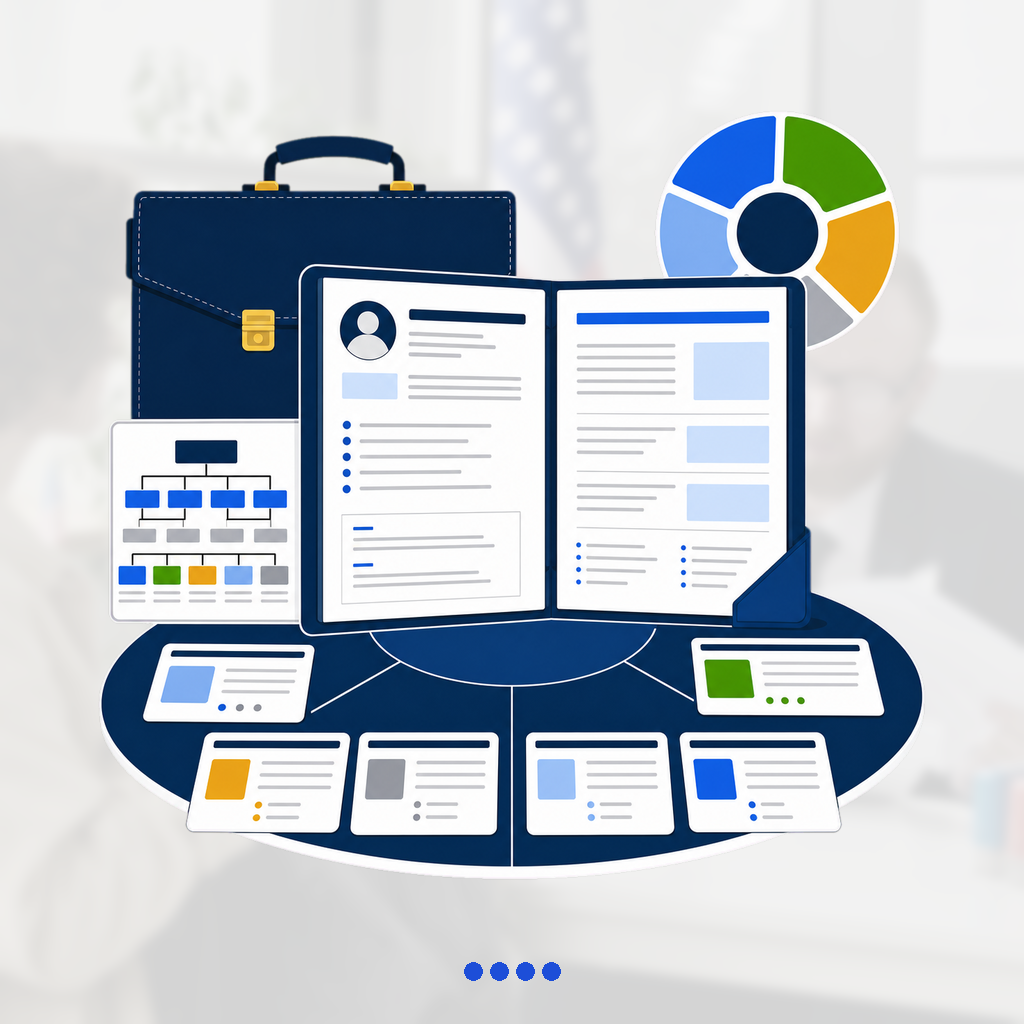 SES executive portfolio with an integrated leadership resume, board briefcase, five-part competency compass, and structured interview preparation cards.