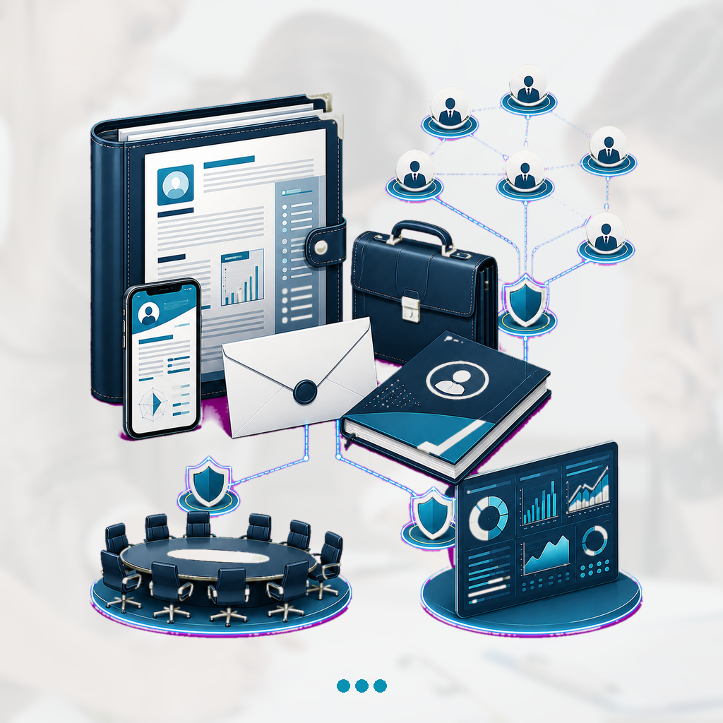 Executive resume, professional profile phone, cover letter, and leadership briefcase connect to a discreet senior-recruiter network and reporting dashboard.