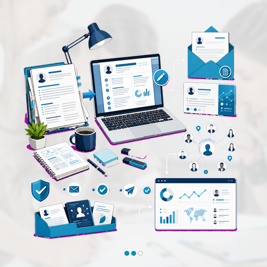 Before-and-after resume rewrite flows into a targeted recruiter network with cover letter, professional profile card, and verified delivery trail.