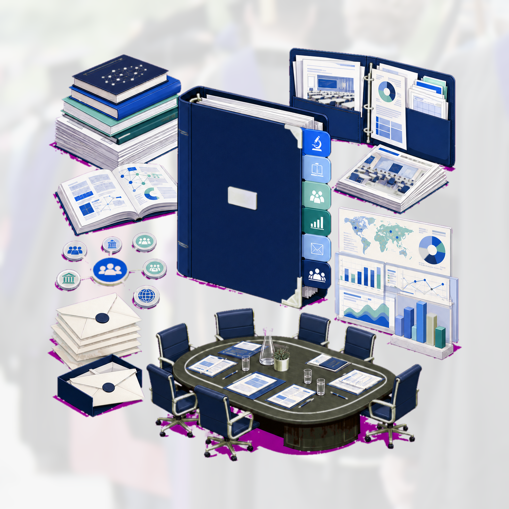 Comprehensive tenure binder organizes scholarship, teaching, service, impact evidence, external letters, and committee review into one detailed dossier.