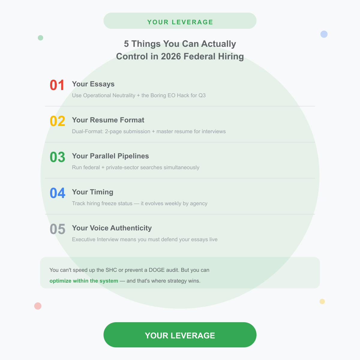 Checklist showing the five controllable elements of a federal job application strategy: essays, resume format, parallel pipelines, timing, and voice authenticity