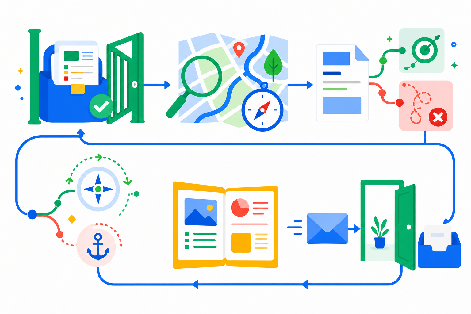 Illustration of the search, report and decide loop: your approved resume and profile go out, roles are searched on a map, each one is marked a fit or ruled out with a reason, a report comes back to you, and you choose to widen the search or hold your filter before the loop runs again.